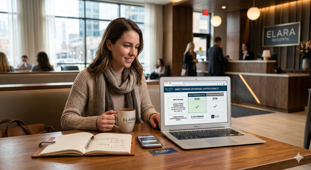 Laptop screen showing how to book hotels without paying booking fees by choosing direct member rates over third-party sites.