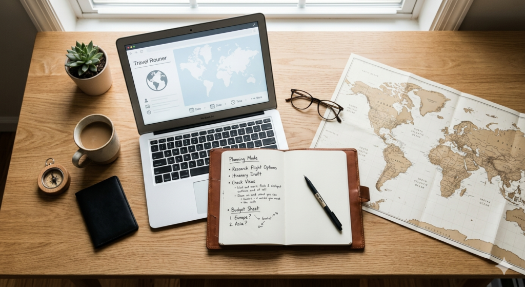 How to plan a trip on a budget 2026 — travel planning essentials laid out on a desk