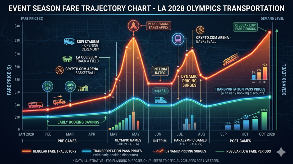 A data chart explaining how to save on festival travel by comparing standard transport fares against dynamic pricing surges during major event seasons.