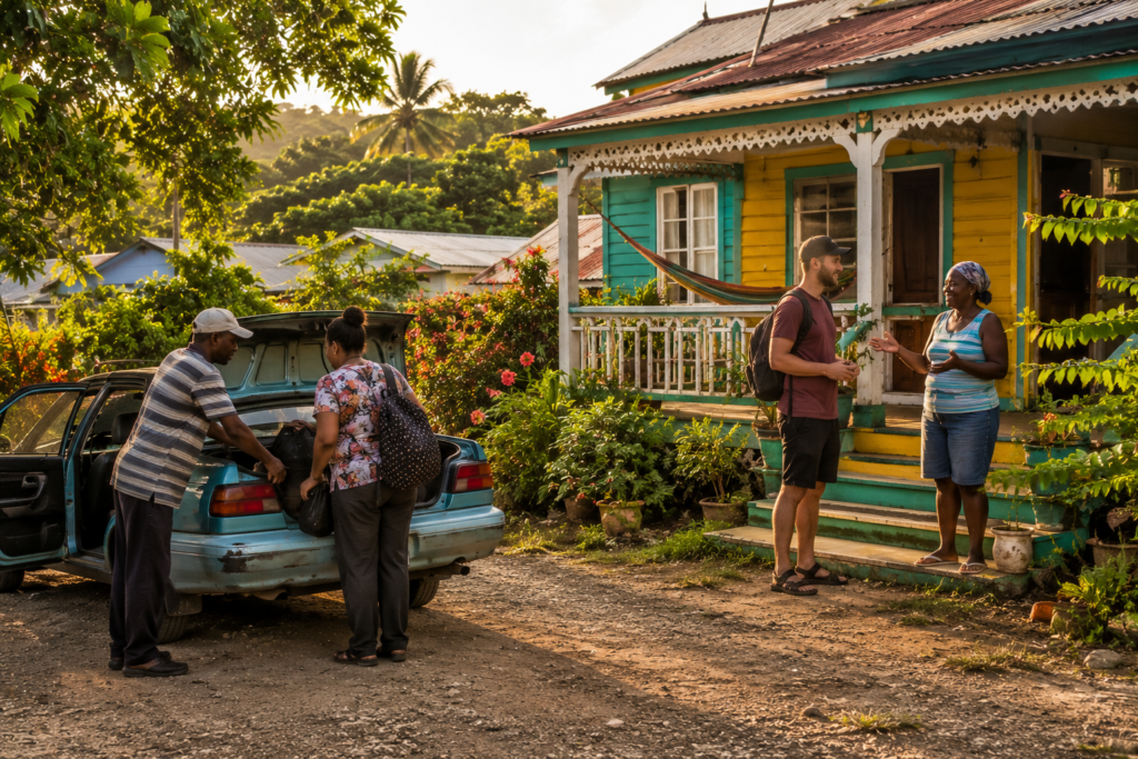 How to travel Jamaica without a resort — charming family-run guesthouse with hammock and porch, a shared route taxi loading a passenger's bag, and a local host chatting with a traveler representing independent Jamaica accommodation and transport