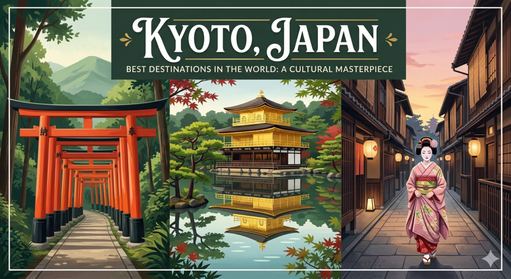 A historic traditional wooden street in Kyoto with illuminated paper lanterns during twilight, representing the best destinations in the world.