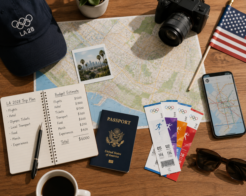 LA 2028 Olympics budget travel guide — planning essentials including LA map, tickets, passport, and Metro route on a desk
