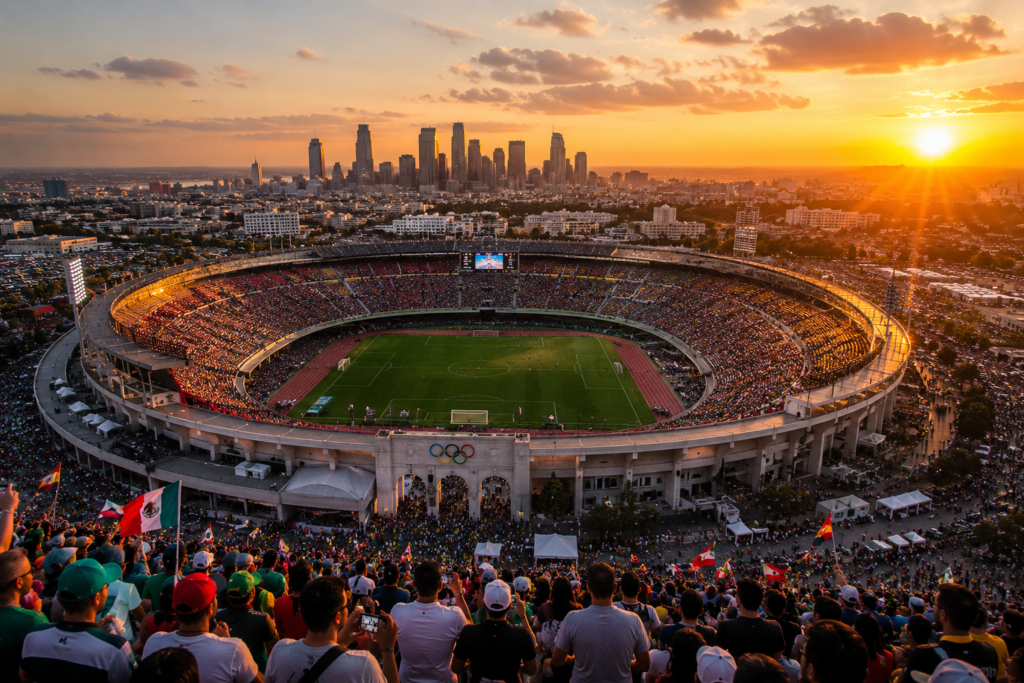 LA 2028 Olympics venue at golden hour — planning your budget travel guide to the Los Angeles Games
