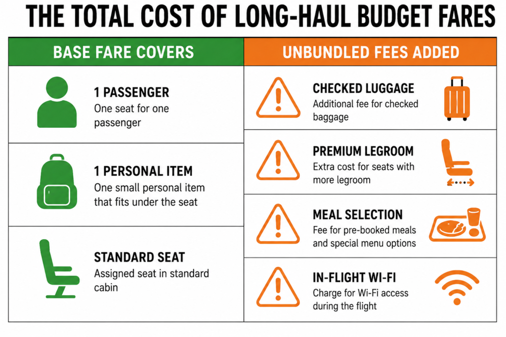 An inline comparison chart contrasting standard base ticket parameters against unbundled optional luggage, seat selection, and meal upgrade fees across the best budget airlines for long haul flights.