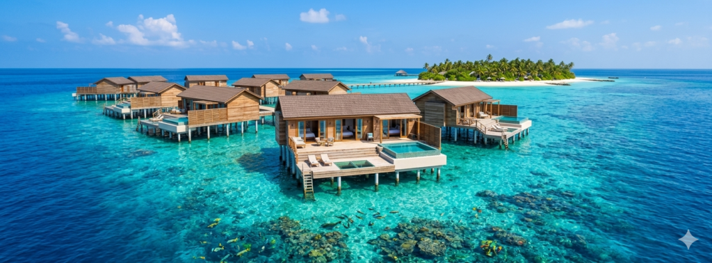 A high-resolution photograph of luxury wooden overwater villas in the Maldives, standing over a vibrant, clear turquoise ocean with private infinity pools and a bright sunny sky.