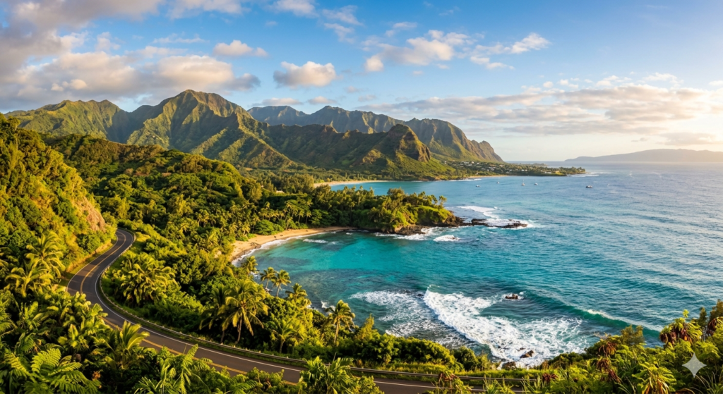 A high-resolution, wide-angle cinematic photograph of the legendary Road to Hana in Maui, Hawaii, showing a winding coastal road hugging steep volcanic cliffs covered in lush tropical rainforest greenery, overlooking a vibrant blue ocean with waves crashing against dark rocks under a warm, bright sun.