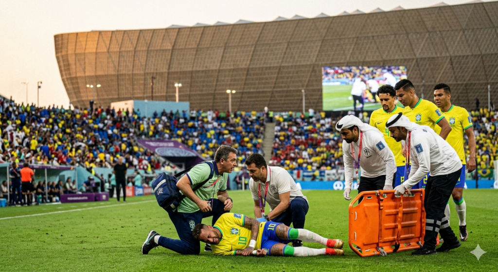 Medical staff attending to an injured soccer player on the field during the trending topics of the 2026 FIFA World Cup.