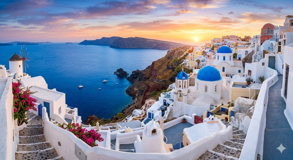 Panoramic view of Oia village in Santorini, Greece, featuring iconic white cubist buildings and bright blue church domes perched on a steep volcanic cliff overlooking the deep blue Aegean Sea at golden sunset.