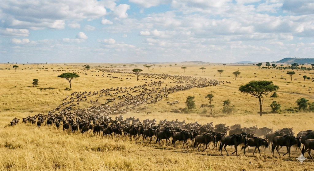 High-resolution wide-angle view of the golden savanna plain in Serengeti National Park, Tanzania, showcasing a massive herd of migrating wildebeests under a wide open horizon dotted with sparse acacia trees.