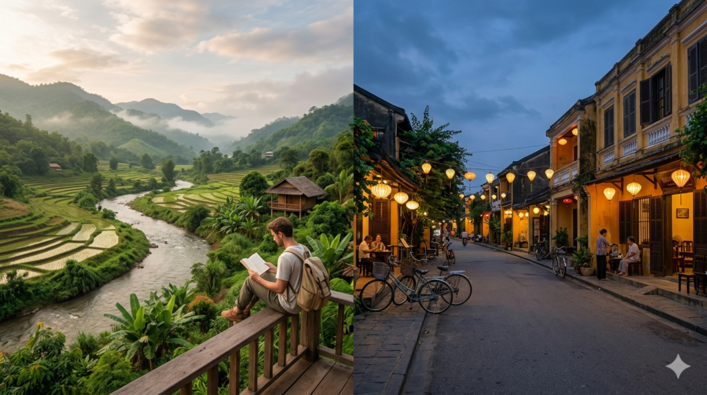 A high-end travel header illustrating a slow travel guide for Southeast Asia, showcasing scenic regional base hubs, ancient historical architectures, and mindful backpackers.