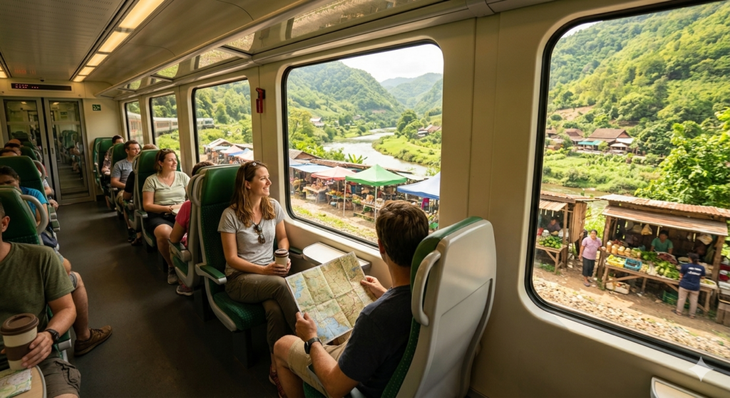An eco-friendly regional train traveling through a lush green valley next to a traditional local market, illustrating sustainable travel practices on a budget