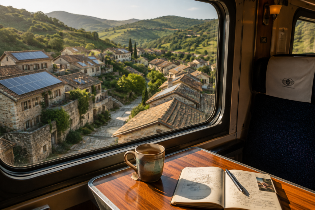 View through a passenger train window looking out at an eco-village, demonstrating sustainable travel practices like rail transit.