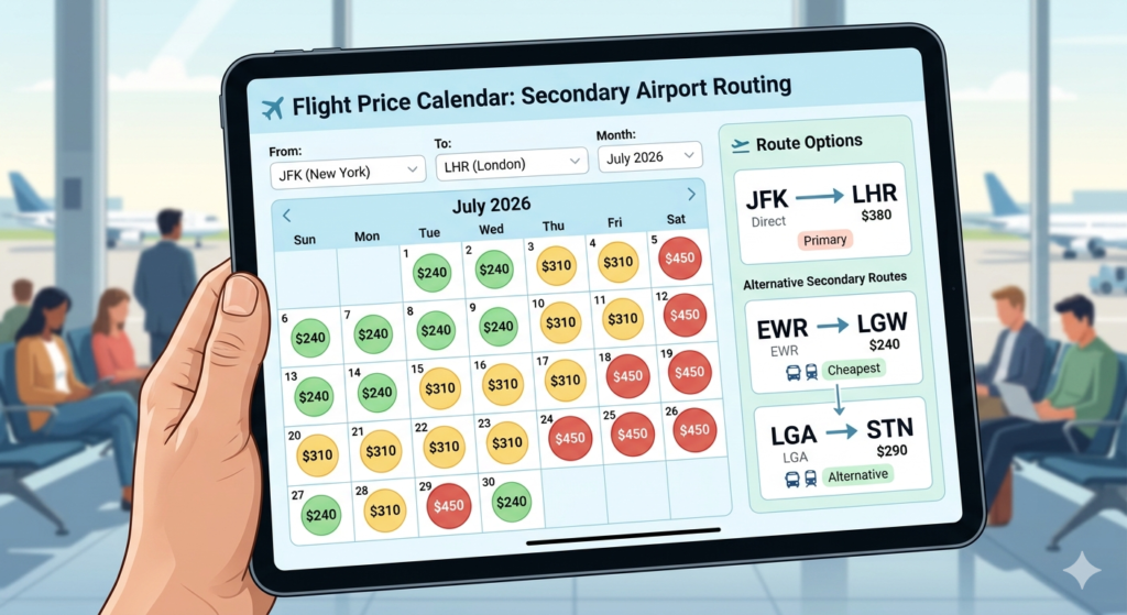 Infographic showing travel hacks for saving on flights by comparing a monthly calendar with primary and secondary airport routes.