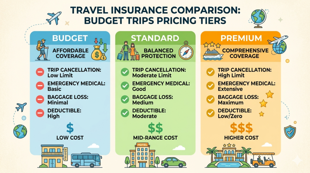 Travel insurance comparison for budget trips showing budget, standard, and premium coverage tiers