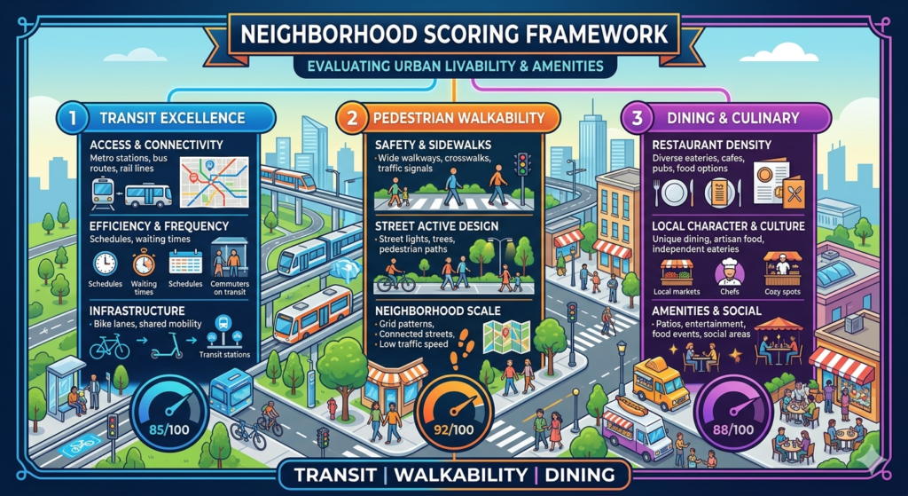 An urban neighborhood scoring framework chart illustrating where to stay in major cities on a budget by evaluating transit, walkability, and dining metrics.