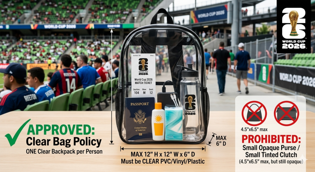 Official World Cup 2026 stadium clear bag policy guidelines showing approved dimensions