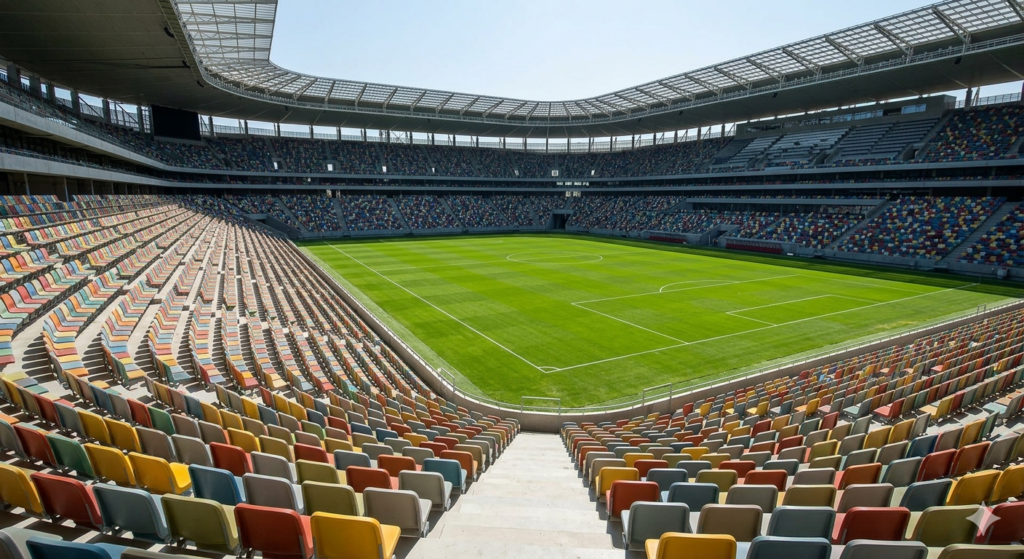 Modern empty soccer stadium seats and green grass pitch venue layout