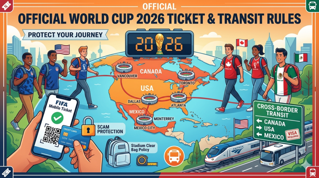 Traveler laptop with digital world cup 2026 ticket and transit rules checklist on desk