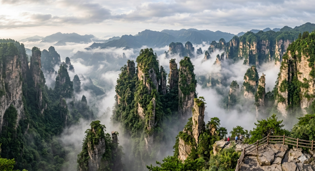 High-resolution view of vertical quartz-sandstone pillars rising dramatically through layers of mist and fog at Zhangjiajie National Forest Park in China.