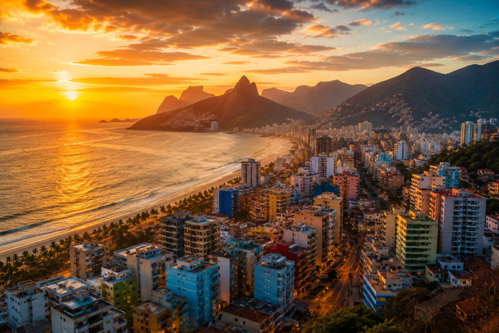 2027 Women's World Cup travel guide — vibrant Brazilian coastal city at sunset representing the tournament's host country
