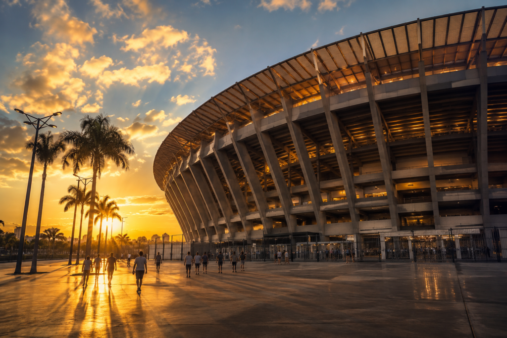 Illustration of a stadium exterior with palm trees and visitors at sunset