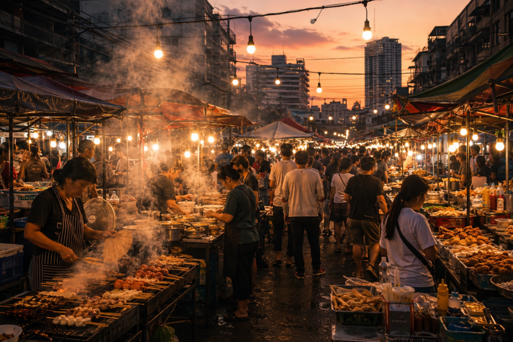 Bangkok on a budget guide — street food market at dusk representing the city's affordable, vibrant food culture