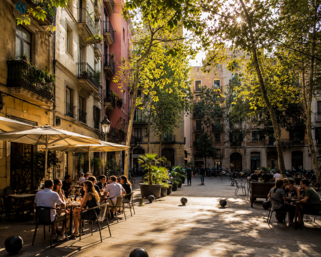 Barcelona on a budget — Gràcia neighborhood square representing an affordable local alternative to the tourist core