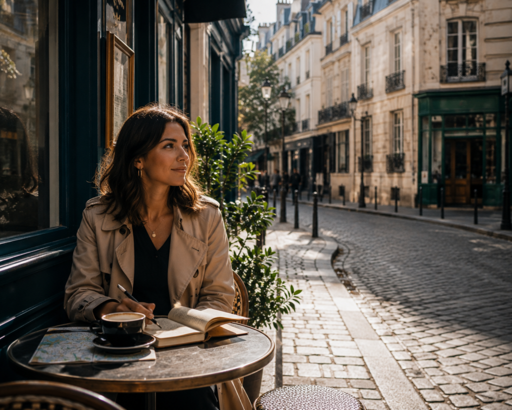 Best countries for women traveling alone — solo female traveler sitting at an outdoor café table in Le Marais, Paris, representing confidence and connection while traveling solo