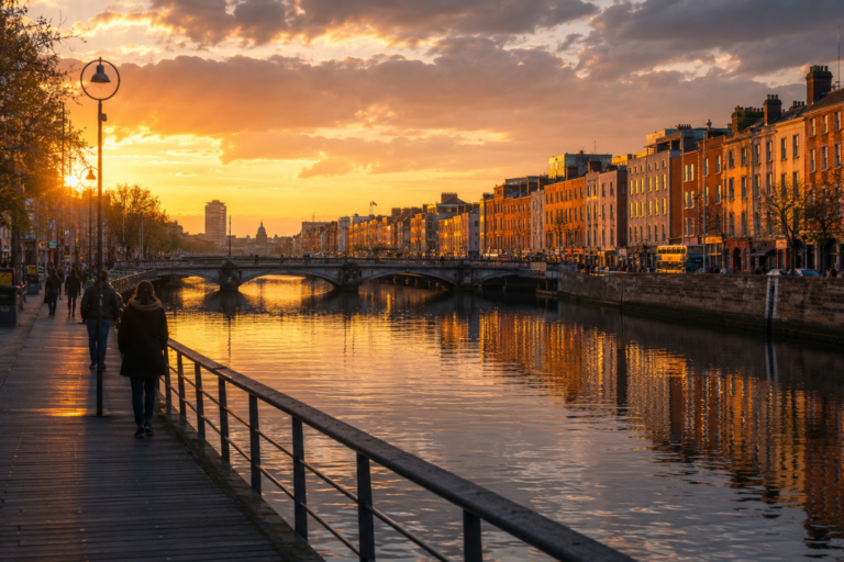 Dublin on a budget guide — River Liffey at golden hour representing the divide between the city's north and south sides