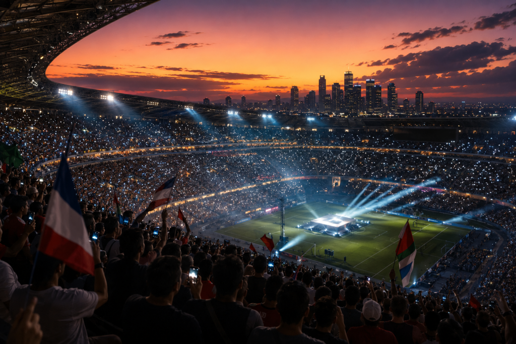 LA28 Opening Ceremony tickets — packed stadium crowd at dusk representing Games-night atmosphere