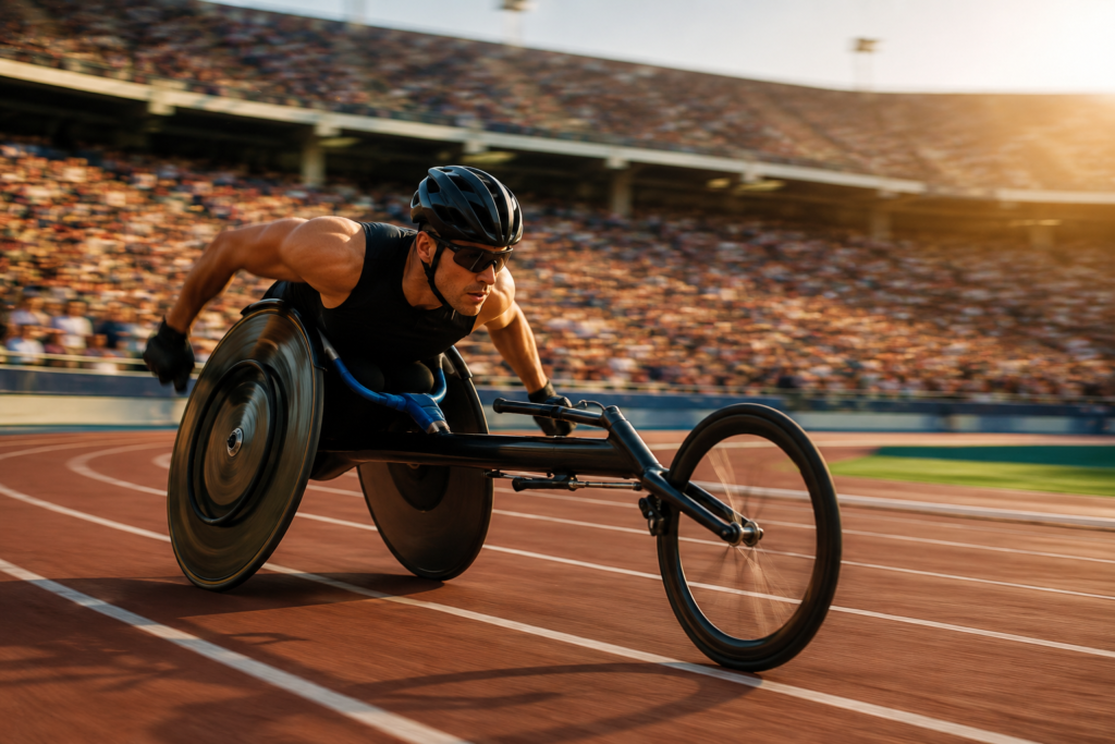 LA28 Paralympic Games — Para athlete competing in stadium representing LA's first-ever Paralympic host year