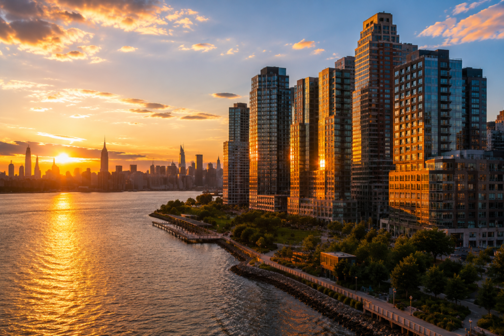 New York on a budget — Queens neighborhood skyline representing an outer-borough base with subway access to Manhattan