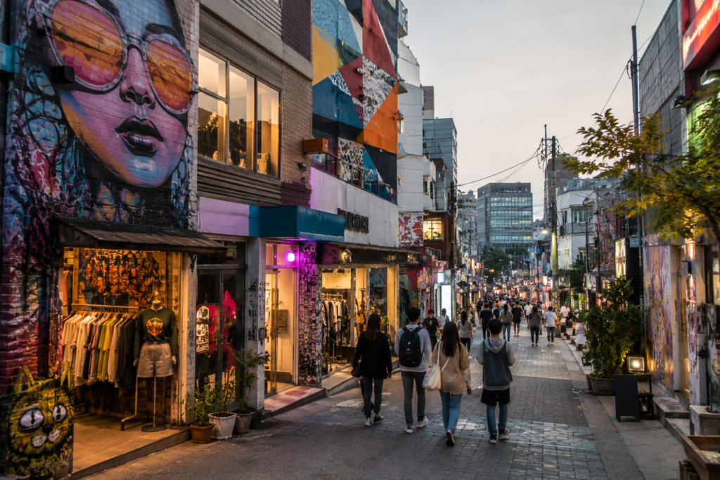 Seoul on a budget — Hongdae street scene representing the university district that's both cheapest and best-connected
