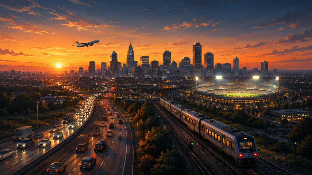 How to travel between World Cup host cities during July 4th — a stylized dusk skyline with a glowing stadium, highway, and regional train line converging on a host city, representing the travel choices fans face during the tournament's busiest overlap week