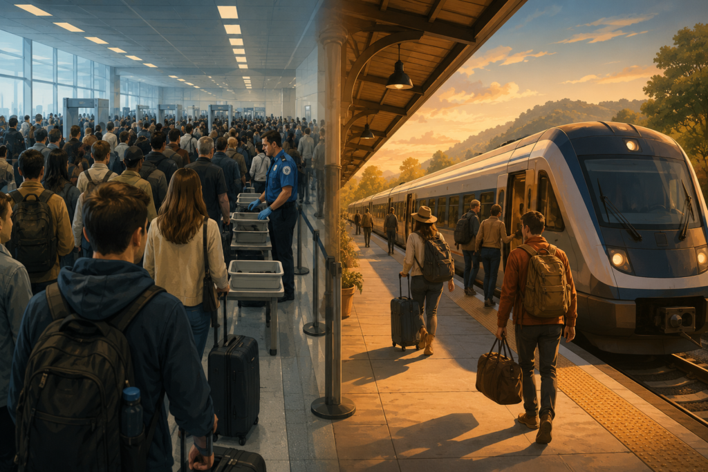 How to travel between World Cup host cities during July 4th — a crowded TSA airport security checkpoint alongside a regional train platform, representing the choice between flying and rail during the knockout-round travel spike