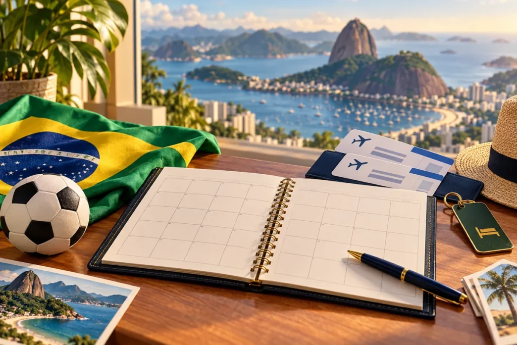 Illustration of a Brazil football trip planner with calendar, flight reservations and hotel key