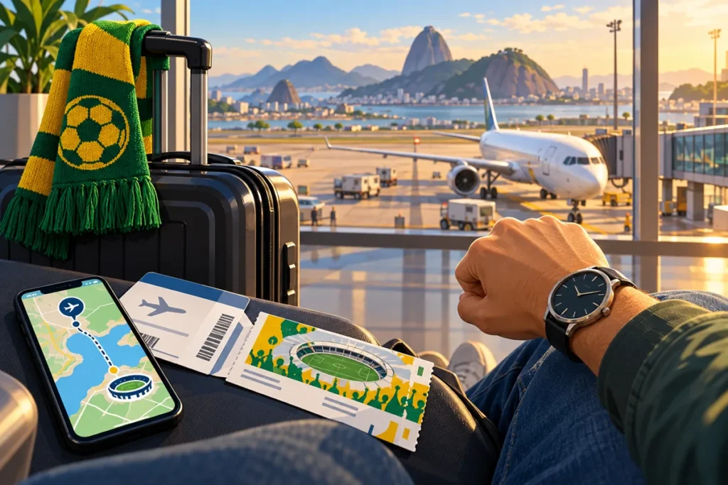 Illustration of a Brazil football traveller comparing flight timing and airport-to-stadium travel