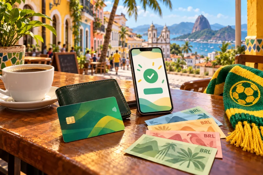 Illustration of a bank card, mobile payment and stylized BRL cash for a Brazil football trip
