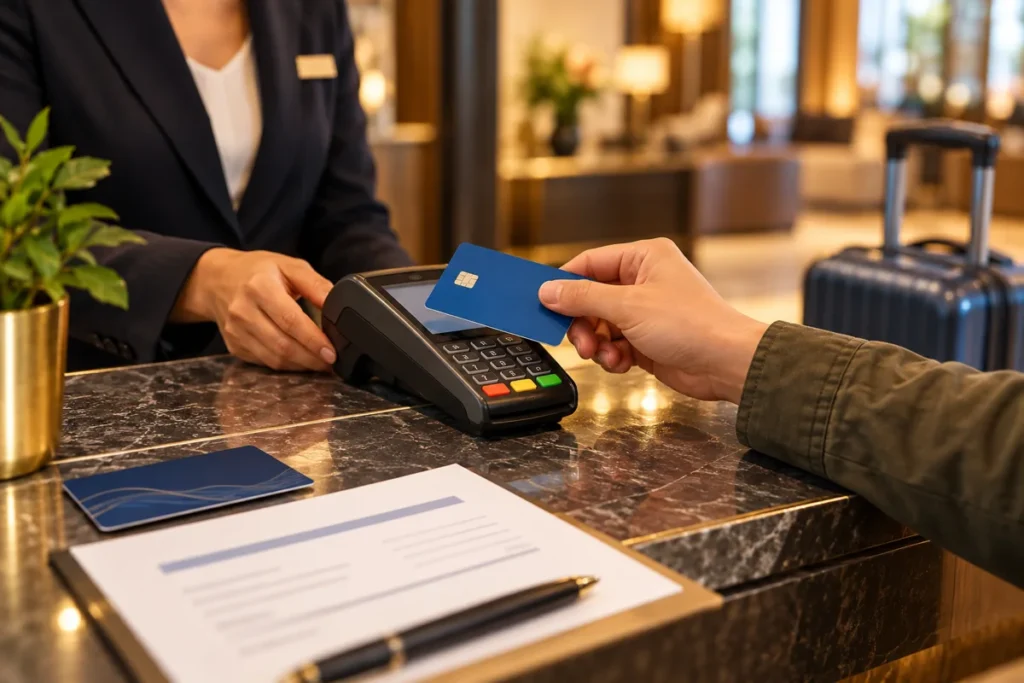 Illustration of a traveller presenting a bank card at a hotel reception payment terminal