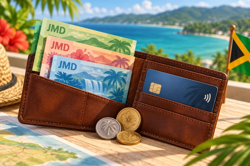 Illustration of a wallet with JMD-labelled cash and a payment card for travel in Jamaica