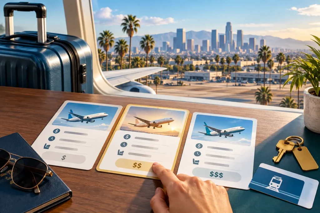 Illustration comparing flight options, airport arrival and onward transport for Los Angeles travel