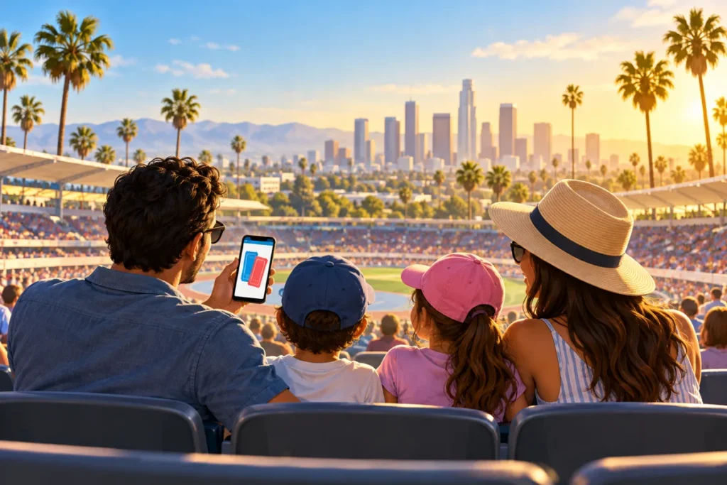Illustration of a family attending a sports session with tickets displayed on a phone