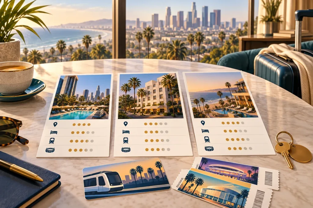 Illustration comparing hotel locations, transit and event access for an LA28 trip